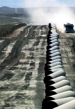 Twelve-metre lengths of pipe strung out ready for welding along the BTC route in central Georgia.