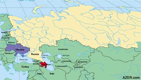 The Soviet Union stretched across 11 time zones. Map emphasizes the three countries that were selected for this survey-Russia (yellow), Ukraine (purple), and Azerbaijan (red).