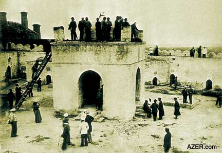 The Atashgah Fire Temple near Baku. The Nobel Brothers incorporated the design of this monument into their company logo. The temple was constructed above natural gas fissures in the ground. This monument is a holy site for Parsees from India, who built it as a pilgrimage site in the 18th-19th centuries. They are descended from believers in Zoroastrianism who use the symbol of fire as an integral part of their worship. Zoroastrians usually pray in front of some form of fire (or any source of light), but they do not worship fire itself. Fire to them is used simply as symbol and point of focus, much like the cross in Christianity. Upper corner: the first oil tanker in the history of oil transportation was built by the Nobel Brothers Petroleum Company in Baku in the late 1800s and named Zoroaster.